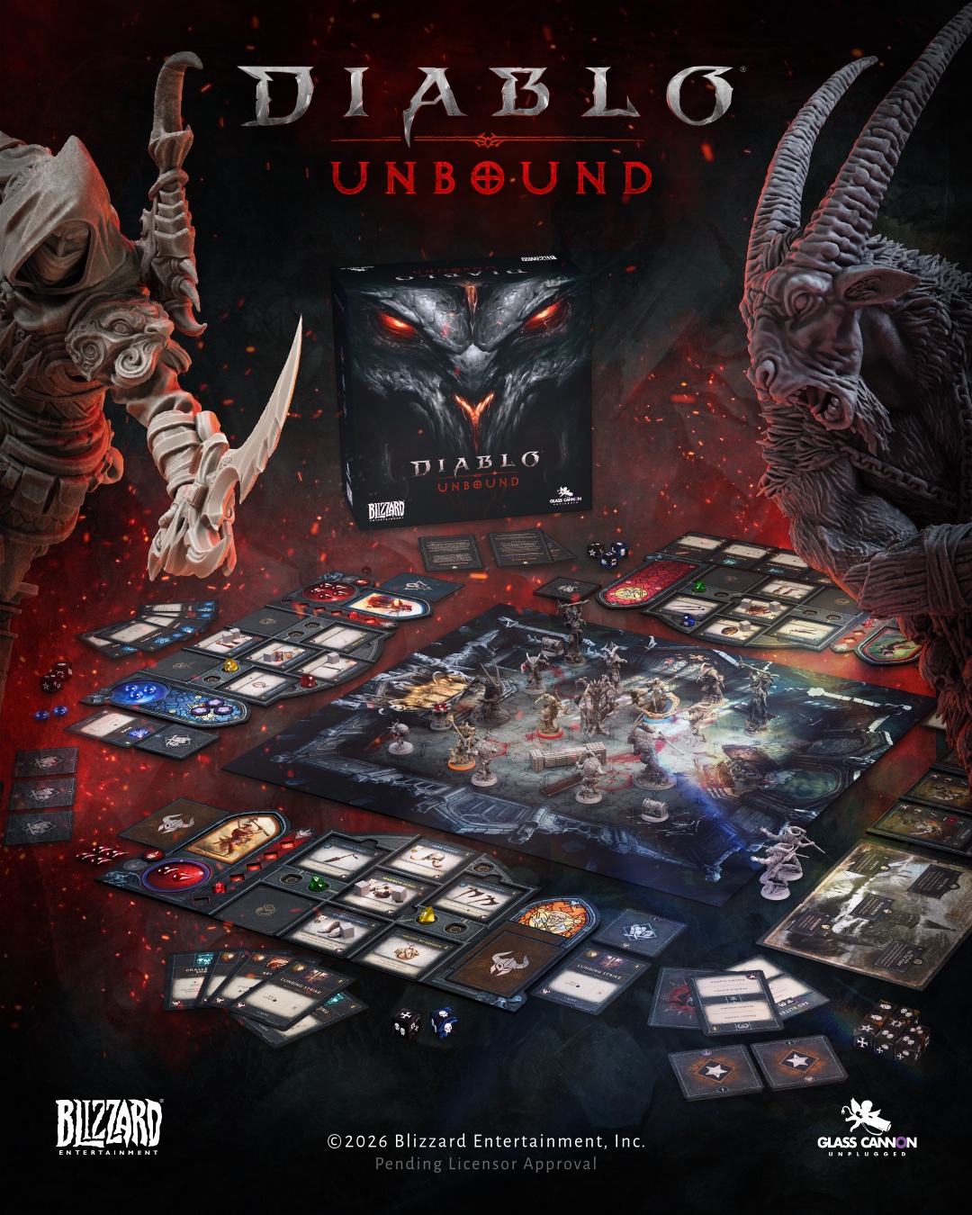 Diablo: Unbound components spread on a table under the game logo.