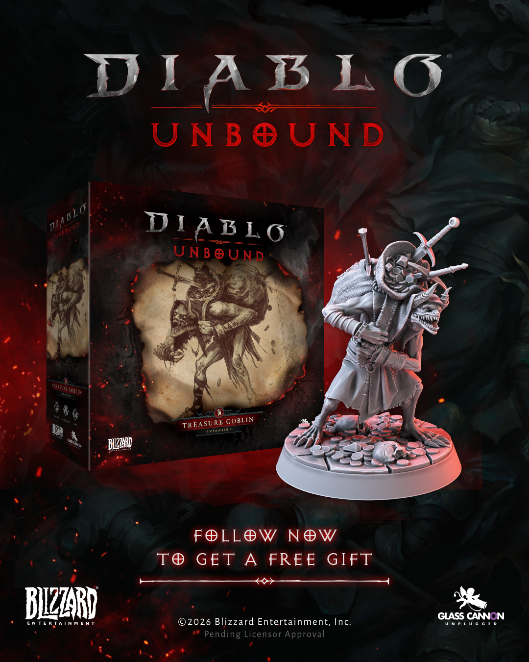 Promotional art of the Treasure Goblin miniature next to its expansion box, with a follow-for-a-free-gift message.