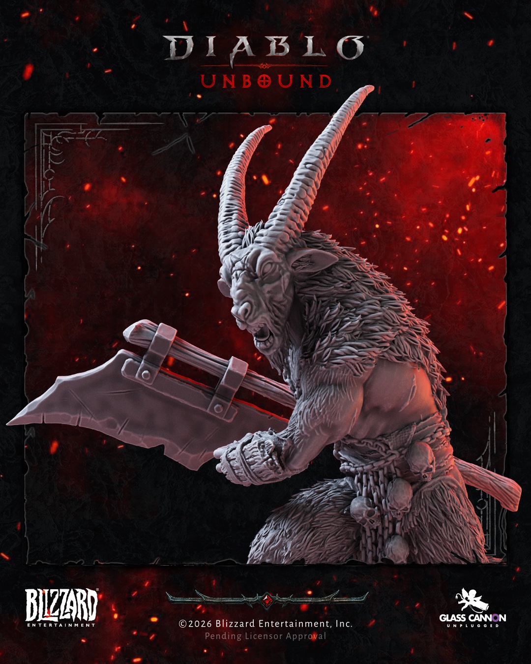Unpainted Diablo: Unbound miniature sculpt on a red and black background.
