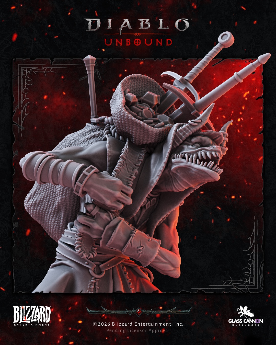 Unpainted Diablo: Unbound miniature sculpt on a red and black background.