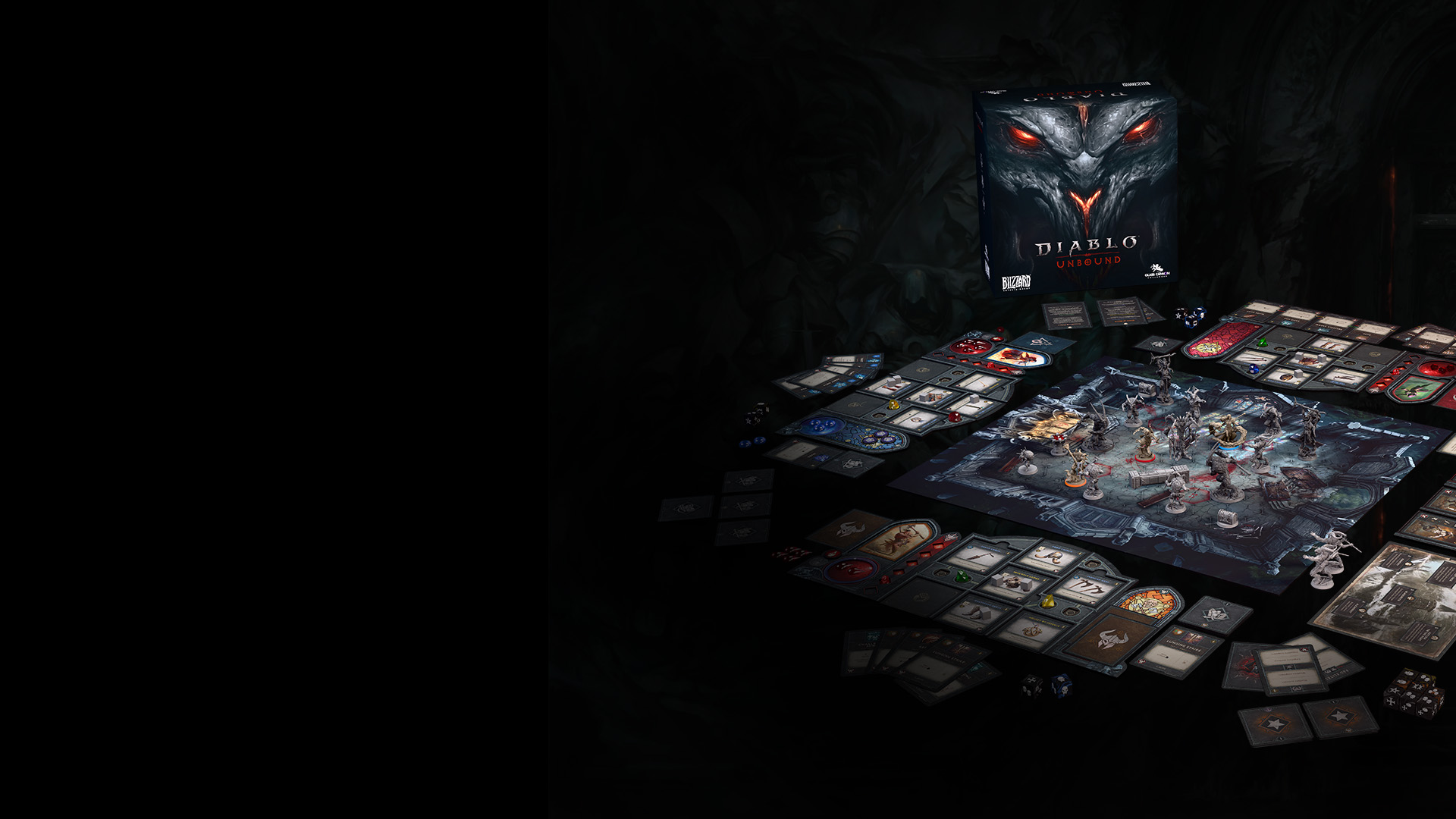 Diablo: Unbound board, cards and miniatures laid out on a dark table.